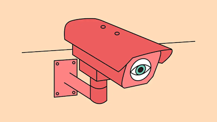 Illustration of a red security camera with a blue eye lens mounted on a wall against a peach-colored background