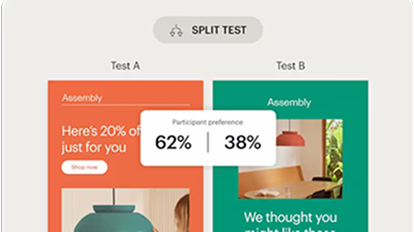 Split test comparison showing two email designs - left in coral with 20% off offer (62% preferred) vs right in green with product recommendations (38%)