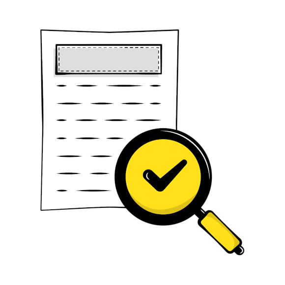 content audit - Document with text lines next to a yellow and black magnifying glass featuring a checkmark symbol