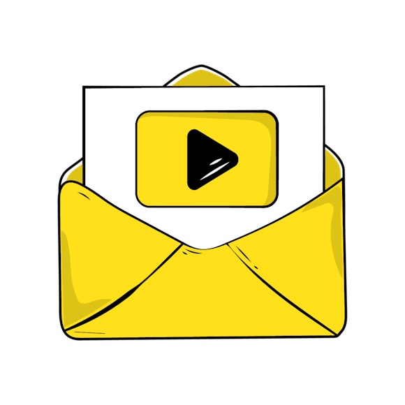 emails with video concept - yellow envelope icon with a video play button symbol emerging from it, drawn in a simple line art style
