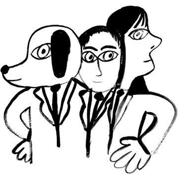 A dog and two people wearing suits.