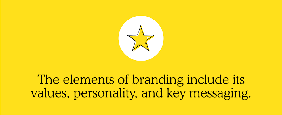 The elements of branding include its values, personality, and key messaging.
