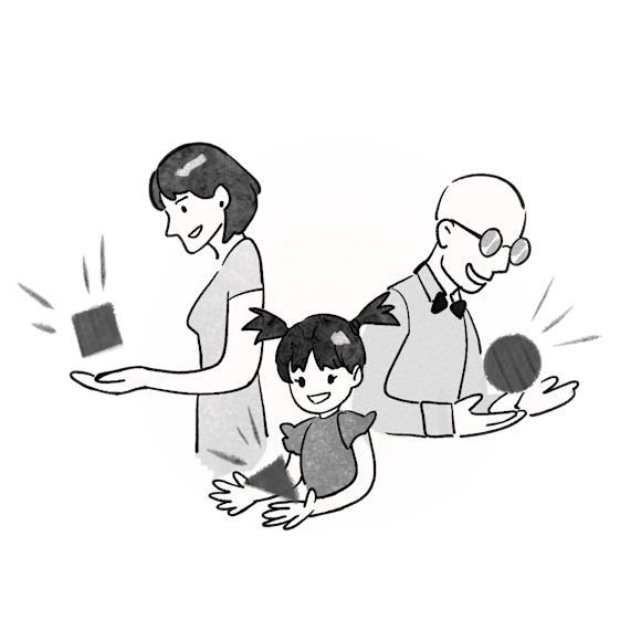 Black and white illustration of two adults and a child holding different shapes