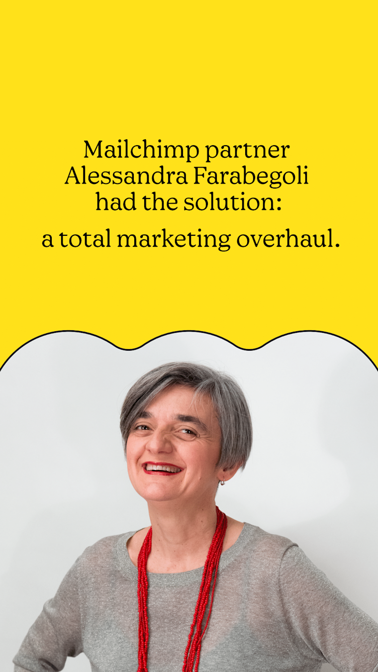 Marketing professional wearing gray sweater and red necklace smiling against white background, with yellow header text about Mailchimp partnership