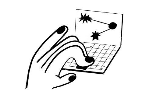 Hand using touchpad to draw lines and stars on a laptop screen in simple black and white illustration style