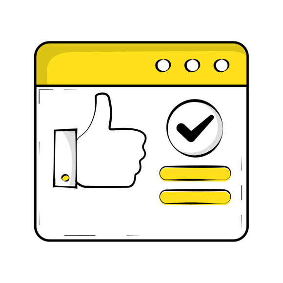 website navigation - Simple line drawing of a user interface window with a yellow header bar, checkmark icon, and two yellow text bars below