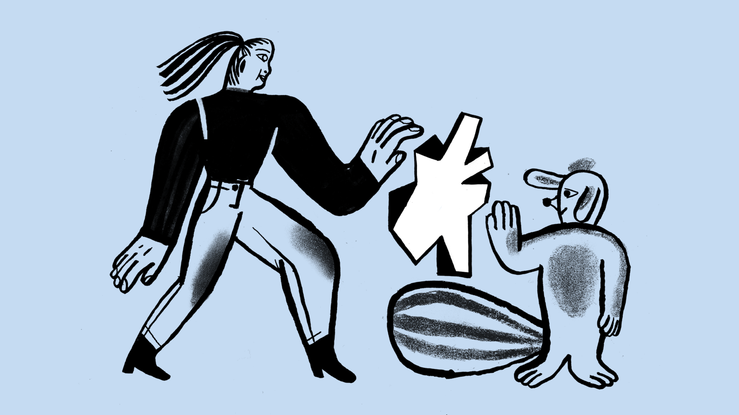 Person with overalls and ponytail communicating with dog.