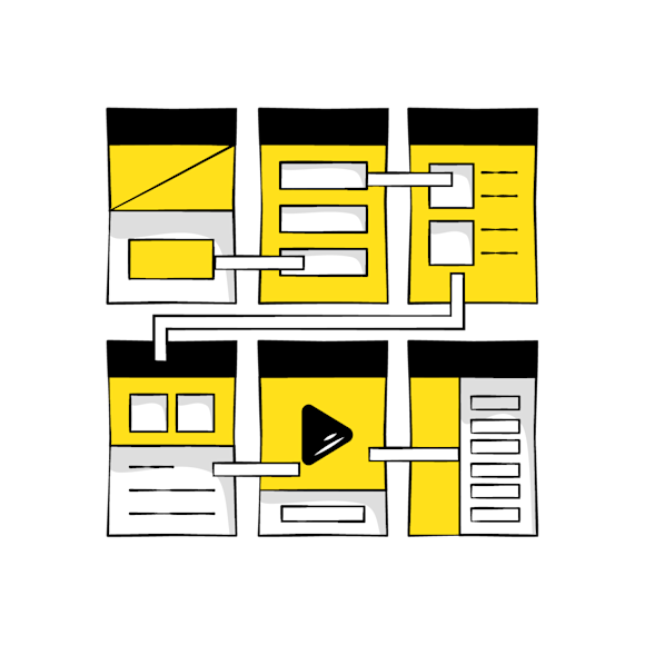 every business website needs - Abstract wireframe layout showing six connected panels with yellow and white sections, black headers, and placeholder text elements