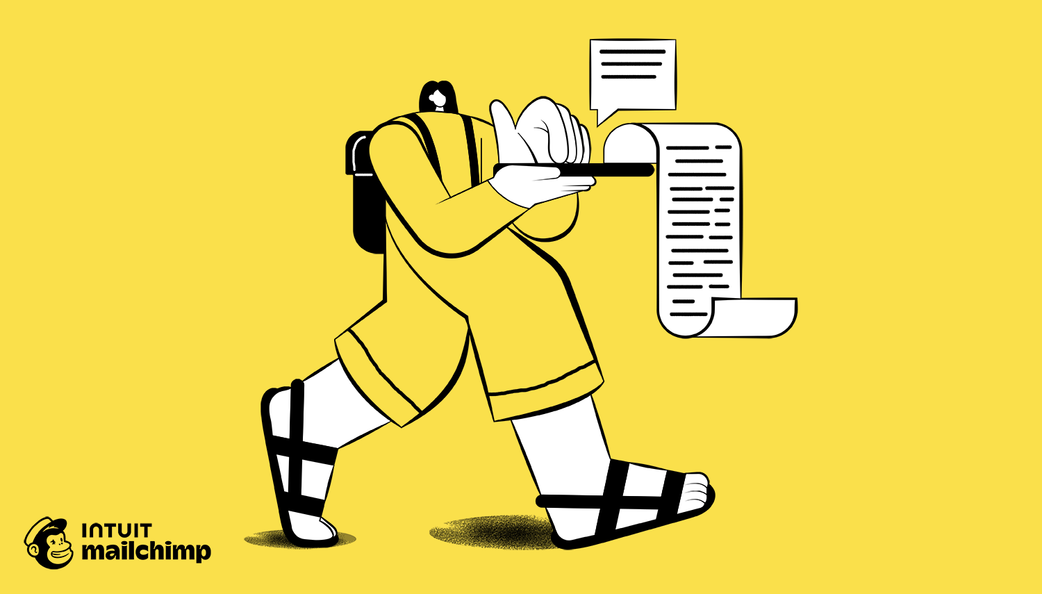 Stylized illustration of a person in yellow clothing and sandals taking a photo of floating text documents against a yellow background