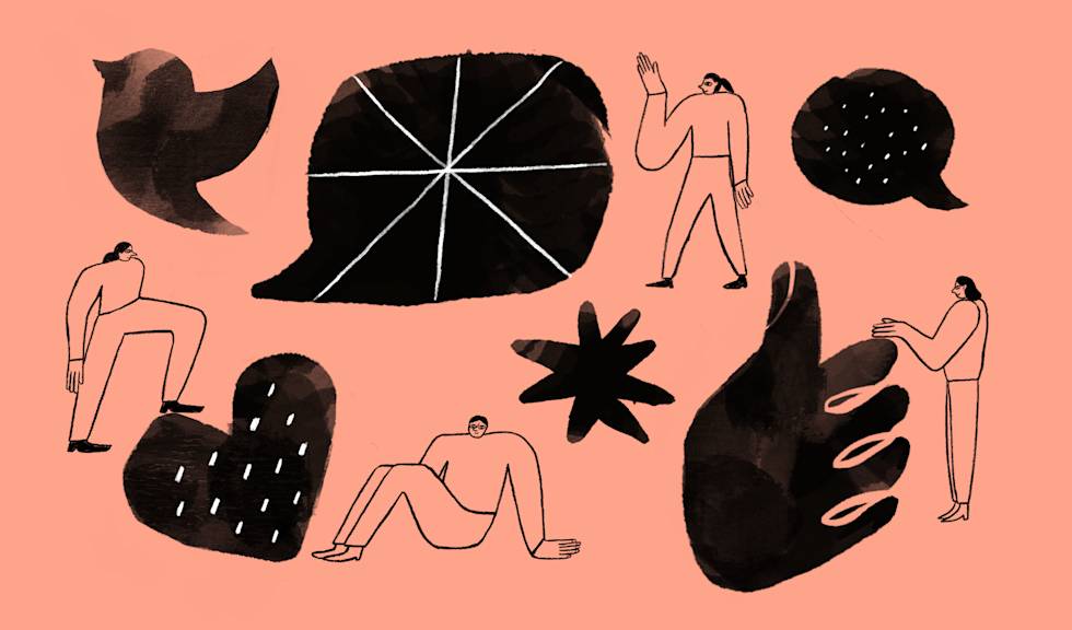 Illustration of people interacting with icons that represent social media platforms