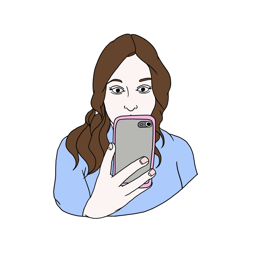Illustration of a person with long brown hair wearing a light blue shirt, holding up a phone with a pink case