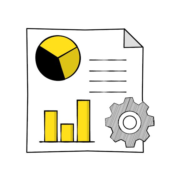 use ad hoc reporting - Simple data analytics dashboard showing a pie chart in black and yellow, bar graph with yellow columns, and a gear icon