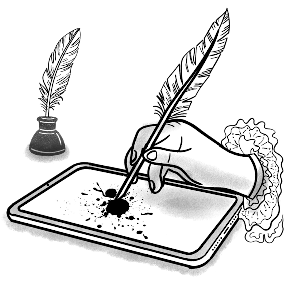 Old fashioned quill pen being used on a tablet