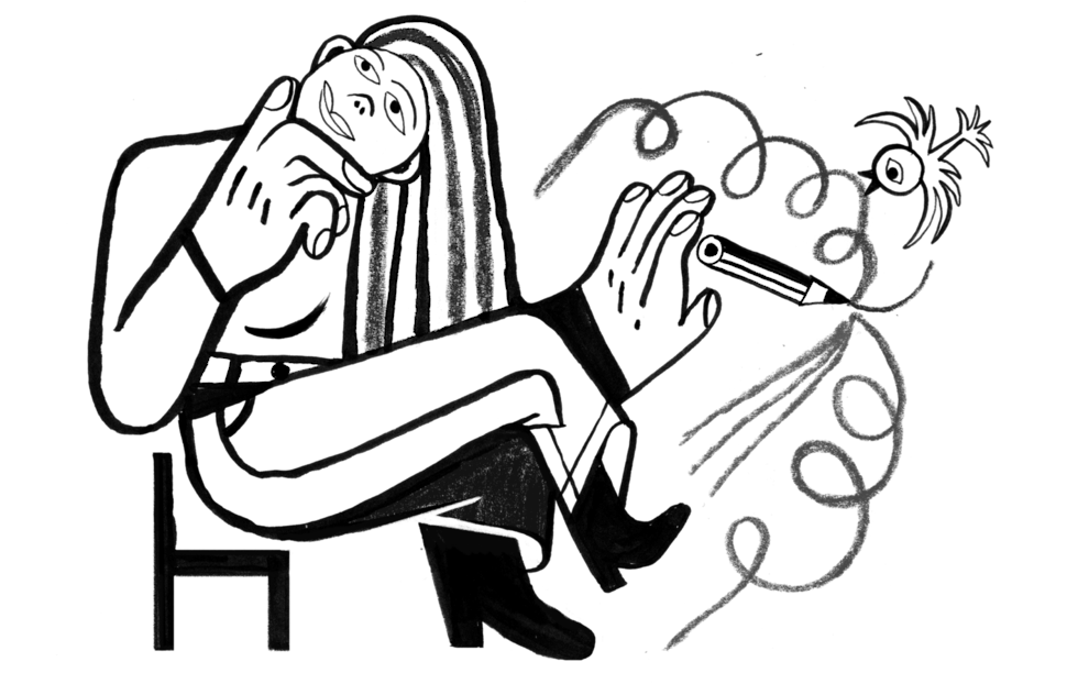 Person sitting in chair writing and contemplating with help from a cute bird.