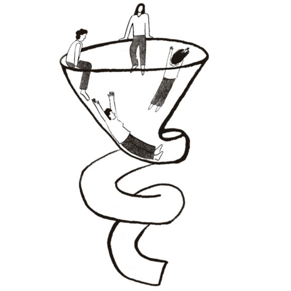 People sliding down a funnel