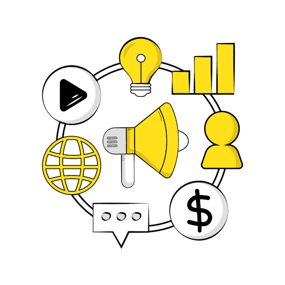radial marketing design - business icons illustrations in yellow and black, including a lightbulb, globe, bar graph, key, and dollar sign