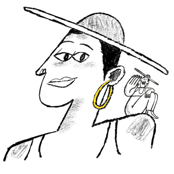 Abstract person with a hat, earring, and a smaller person on their shoulder