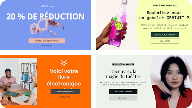 Quatre exemples de formulaires contextuels, illustrant divers modèles, photographies et palettes de couleurs pour quatre marques fictives. Les formulaires contextuels offrent des réductions pouvant aller de 10 % à 20 % en échange d'une inscription par e-mail.