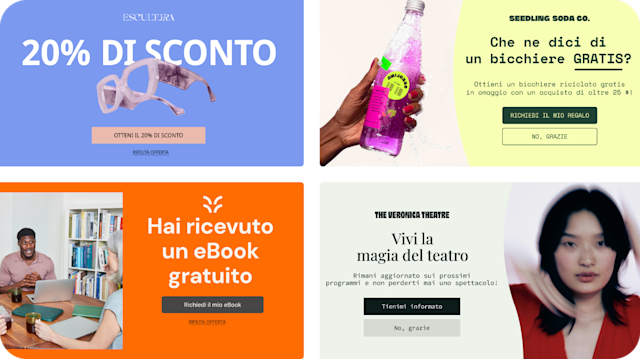 Quattro esempi immaginari di moduli popup che descrivono più template, fotografie e modelli di colori per quattro brand fittizi. I moduli popup offrono sconti dal 10% al 20% in cambio di iscrizioni via e-mail.