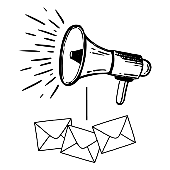 Black and white illustration of a megaphone broadcasting above scattered envelopes, suggesting announcement or newsletter concept