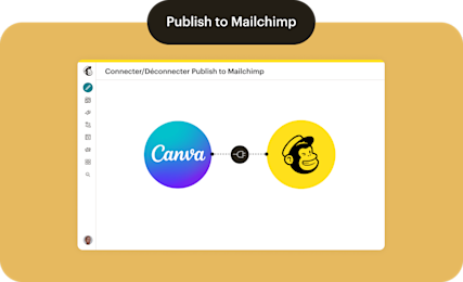 Logos Canva et Mailchimp reliés par une icône de prise indiquant où connecter ou déconnecter Publier sur Mailchimp.