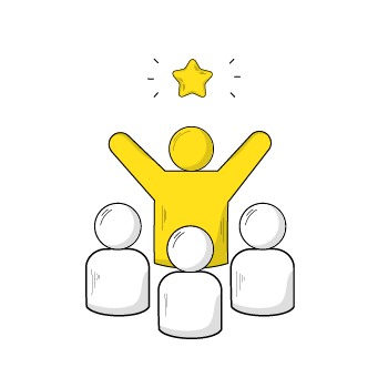 servant leadership benefits - Three simple icons showing human figures, with the middle figure highlighted in yellow and raised above the others with a star above