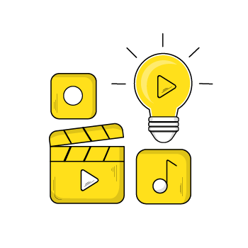 content marketing funnel - Yellow line art icons representing digital media and technology functions including play buttons, light bulb, and device symbols