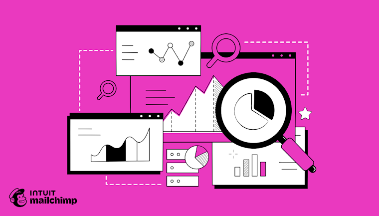 Illustration showing multiple browser windows and interface elements on a bright pink background with Intuit Mailchimp logo