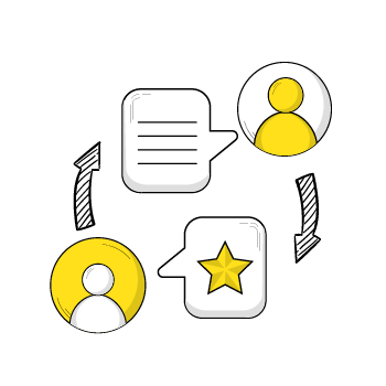 get customer feedback - Simple line drawing icons showing user profile avatars with yellow highlights and star symbols in a minimalist style