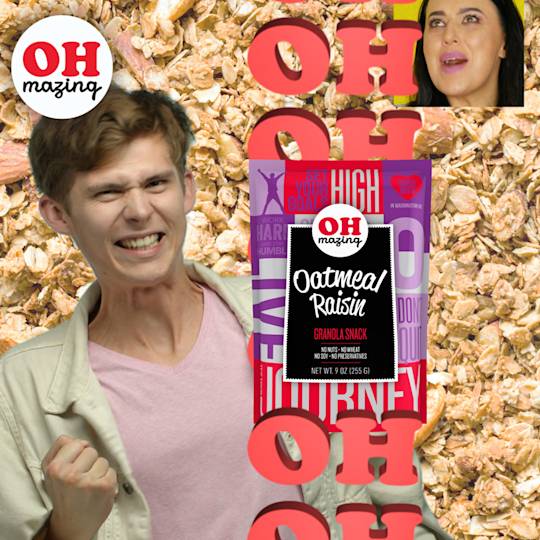 Product shot of OHmazing Oatmeal Raisin granola snack package against textured oat background with enthusiastic expressions and OH text overlay
