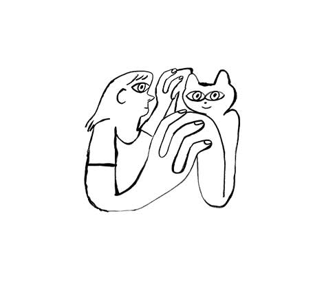An illustration of a cat and a person holding hands. 