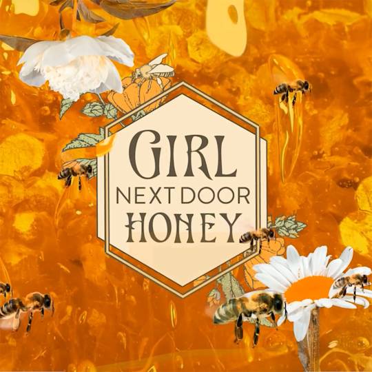 Honey brand logo with hexagonal design surrounded by bees and daisies on amber-colored honeycomb background