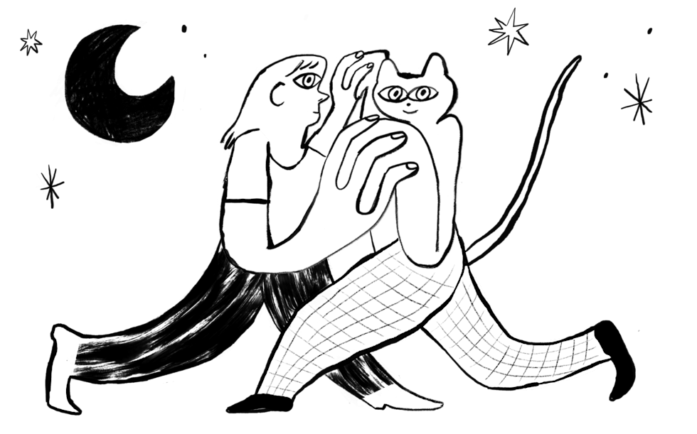 Illustration of cat and woman dancing in the moonlight