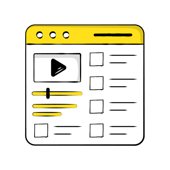 website strategy development - A minimalist wireframe of a video player interface with play button, progress bars, and text placeholders in yellow and black