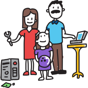 Simple cartoon illustration of three people standing with tech tools - wrench, computer, and mobile device