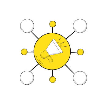 track your ad campaign - Yellow circular icon with megaphone symbol in center, surrounded by connected white and yellow dots in a radial pattern