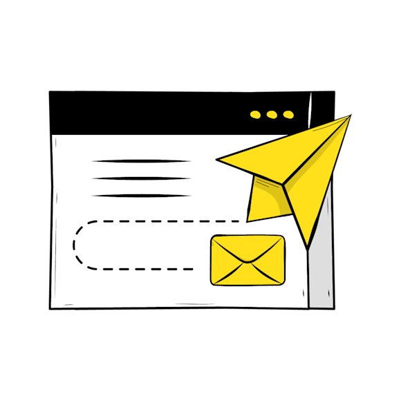 dynamic email content - Illustration of a yellow paper airplane and envelope on a white form or document with dotted lines and blank spaces