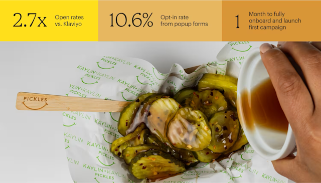 Sliced pickles on branded wrapping paper with wooden pickle fork, showing business metrics 2.7x, 10.6%, and 1 month timeline above
