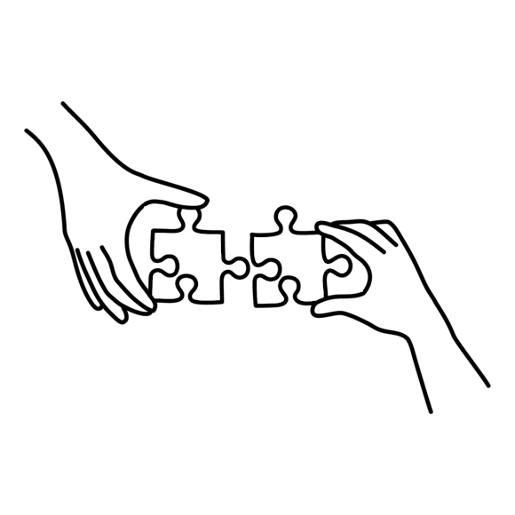 Simple line drawing of two hands connecting matching puzzle pieces together