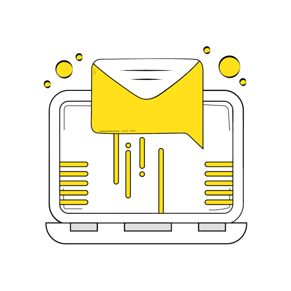 email marketing optimization concept - Line drawing of a laptop computer with a yellow envelope icon and abstract lines, surrounded by yellow dots