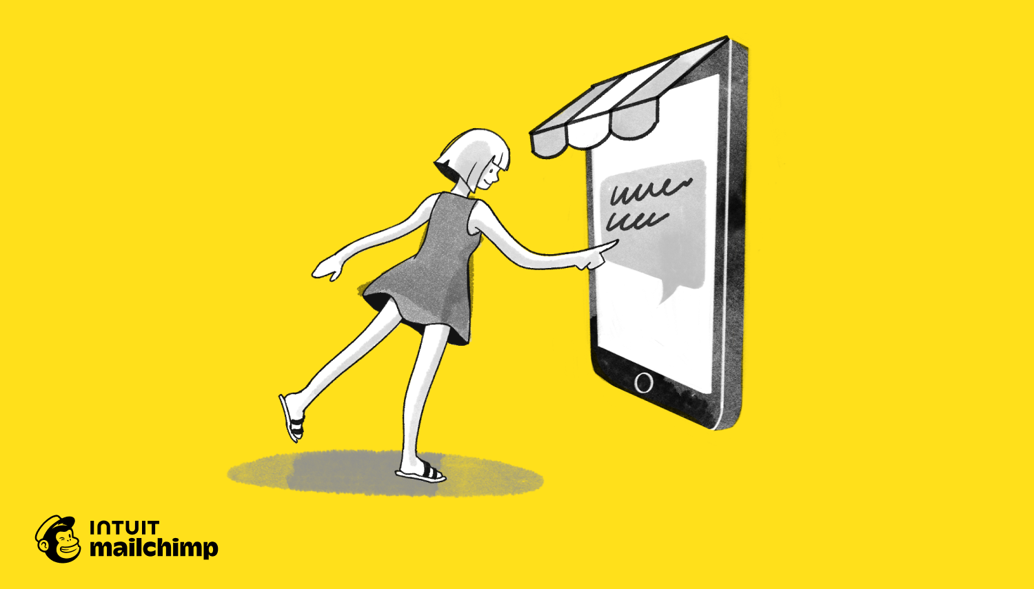 Illustration of a figure in a gray dress reaching toward a large smartphone displaying a storefront awning, set on yellow background