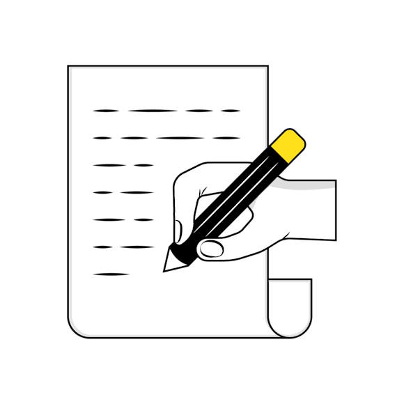 passive voice and active voice in marketing concept - A hand holding a black pencil with yellow tip writing on a white paper with lines of text represented by short black dashes.