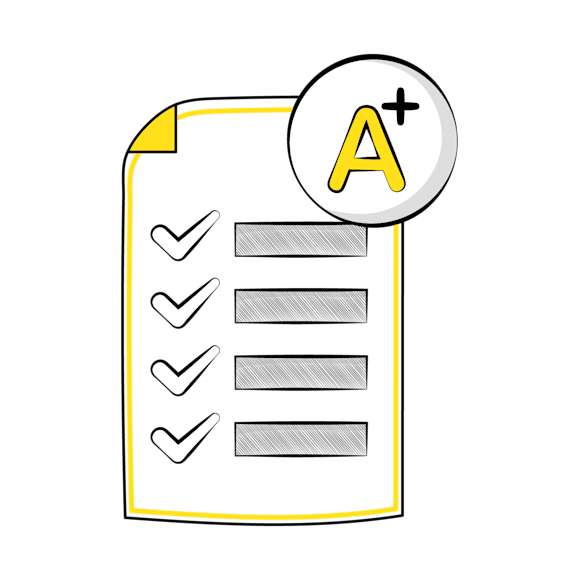 What is content scoring concept - A checklist with four checked boxes and gray bars, featuring a yellow-bordered document and an "A+" symbol in a circle at the top