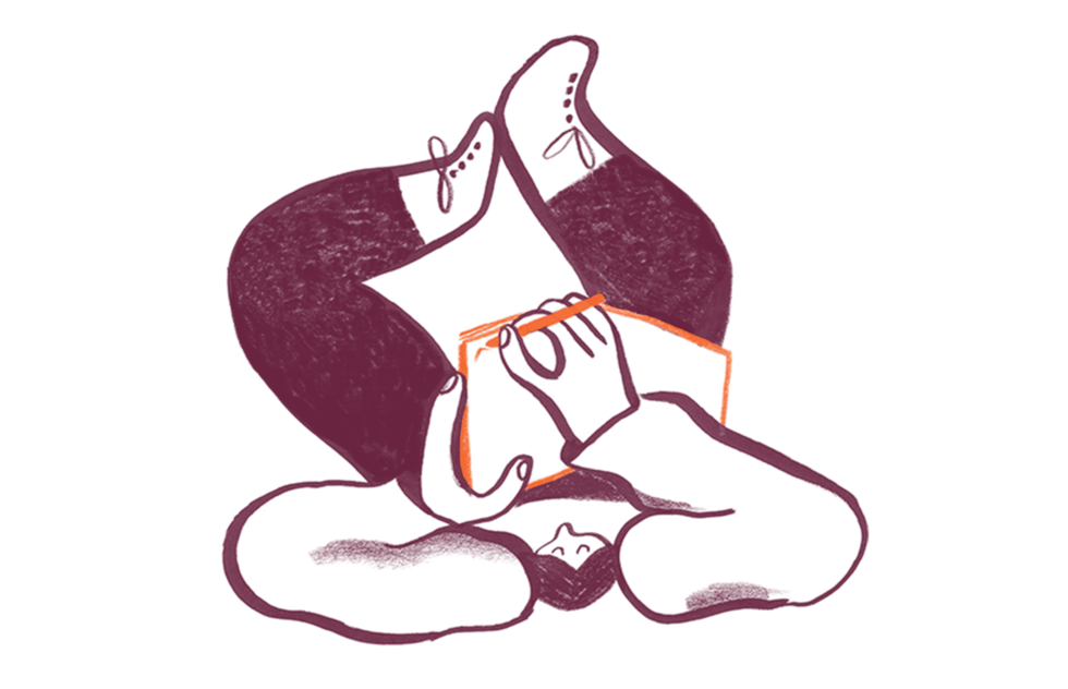 Illustration of a person lying down reading an orange book, with a cat curled up nearby, drawn in burgundy lines with a minimalist style