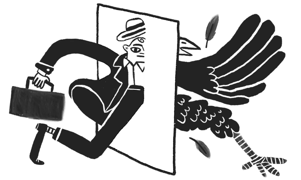 Illustration of businessman transforming into bird through a wall
