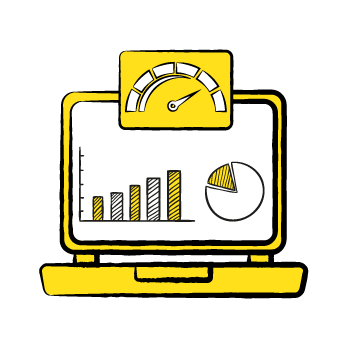 smarter marketing spend - Line drawing of laptop showing business charts and graphs in black and yellow color scheme