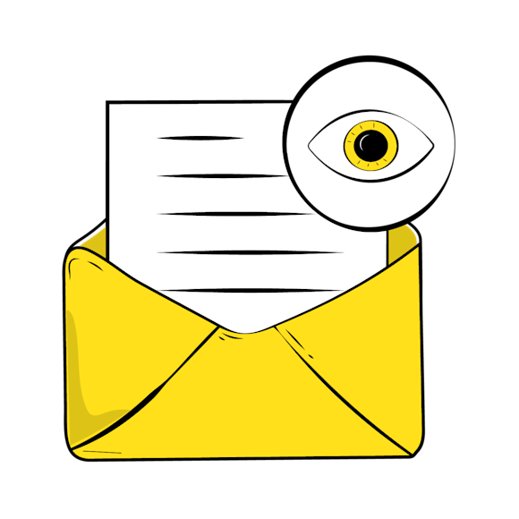 email readability tips concept - An open yellow envelope with a white letter inside, and a magnifying glass with a yellow eye icon examining the contents