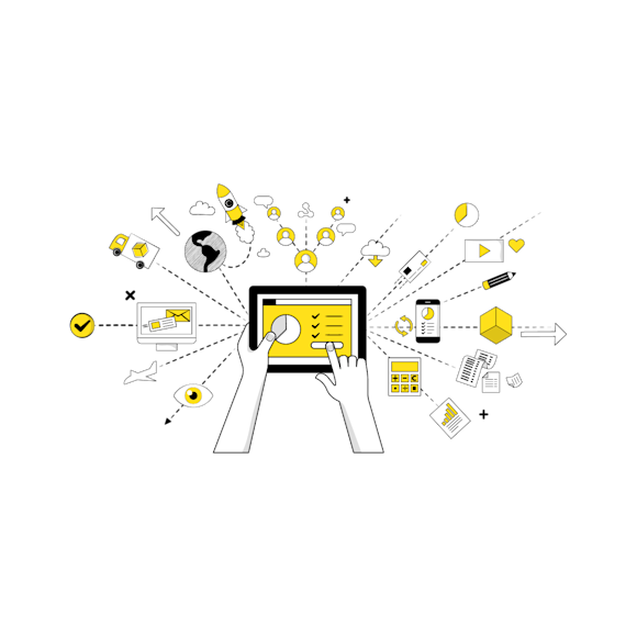 Hands holding a tablet with a series of icons stemming from it