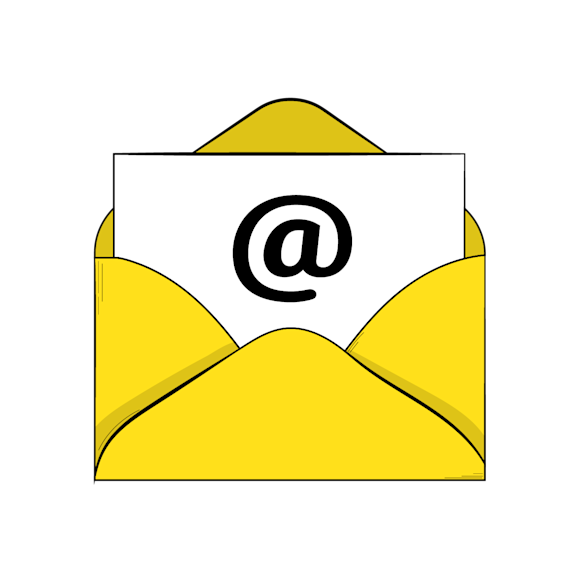 An opened yellow envelope containing a white paper with a black @ symbol, illustrated in a simple line drawing style.