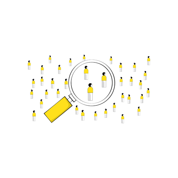 Crowd of people with a magnifying glass highlighting a group of three